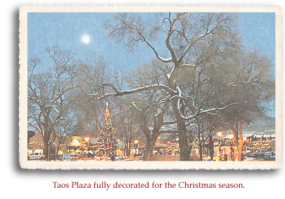 Taos Plaza in Taos, New Mexico, fully decorated for the Christmas season.