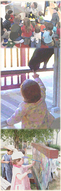 Children gather to hear a story read by visiting ranger Sicily and her puppet raven. A toddler makes friends with a local cat, and a group of youngsters paints in the outdoor recreation area at El Centro de los Ninos