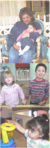 An infant caregiver rocks a child to sleep, two children hold hands and pose for their picture, a toddler plays with a ring stacking set, learning eye-hand coordination and size differentiation