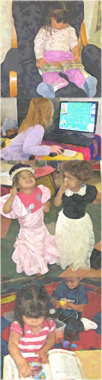 A toddler relaxes in a rocking chair with a picture book, a young girl works on the computer, 2 toddlers play dress-up, a young girl and boy play on a rug.